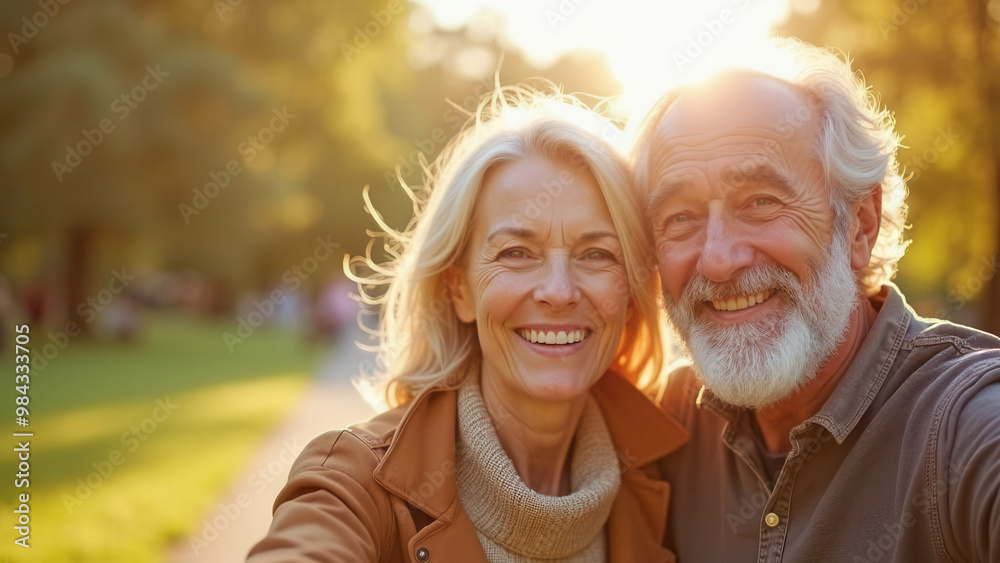 Happy elderly couple outdoors with copy space