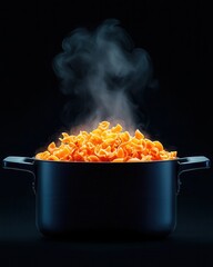 Wall Mural - Steaming Pasta in Black Pot Against Dark Background