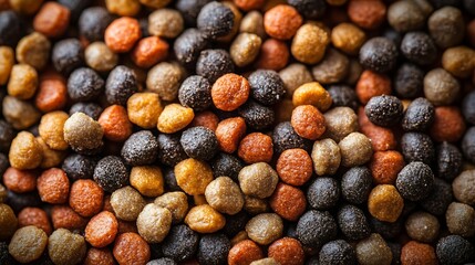 Poster - Food for animals background wet cat and dog food texture pattern Pet meal background close up wet food for pet dogs and cats Dried pet food top view Granules of good nutrition for dogs : Generative AI