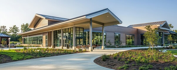 Wall Mural - a suburban community center with james hardie siding, featuring multipurpose rooms and outdoor space