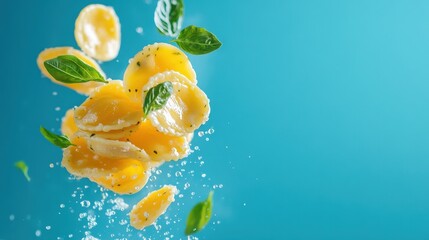 Wall Mural - Fresh Pasta with Basil on a Bright Blue Background