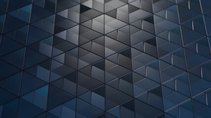Poster - Geometric Symphony in Blue: A mesmerizing abstract background of dark blue triangles, their sleek surfaces reflecting light in a captivating play of shadows and highlights.