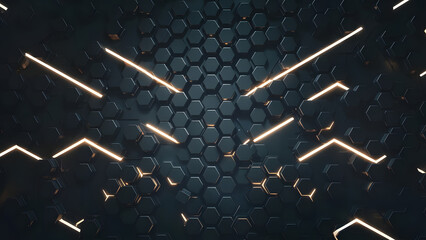 Poster - Abstract Geometric Hexagon Background:  A mesmerizing visual feast, a black background adorned with a geometric pattern of hexagons, glowing with neon lines, evokes a sense of futuristic technology, m