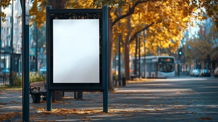Poster - Large empty commercial banner mounted on urban bus stop front view outdoor : Generative AI