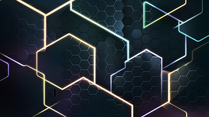 Poster - Neon Hexagon Abstract Background: A visually captivating abstract background with a dynamic interplay of glowing neon lines and hexagonal patterns. The vibrant colors and geometric design create a fut