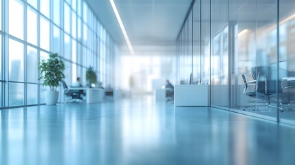 Wall Mural - A bright modern open office space with glass walls, white desks, ergonomic chairs, and natural light from large windows, creating a clean corporate environment with a soft focus effect.