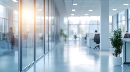 Wall Mural - A bright modern open office space with glass walls, white desks, ergonomic chairs, and natural light from large windows, creating a clean corporate environment with a soft focus effect.