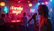 © abu - Vibrant karaoke night in a bar with a young woman passionately singing on stage.