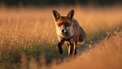 Evening chase of a red fox through a golden field