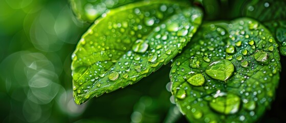 Close-up of Fresh Green Leaves with Water Drops