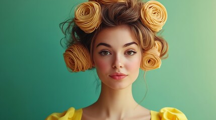 Aufkleber - Young woman spinning spaghetti on hair curlers against green background Unusual presentation of food Restaurant menu Concept of food pop art photography creativity quirky style : Generative AI