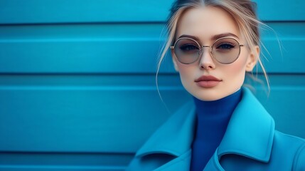 Wall Mural - fashion portrait of young elegant woman in blue coat Total blue monochromatic fashion look blue tights blue background trendy eyewear : Generative AI