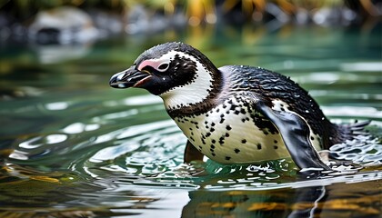 Magellanic penguin gracefully swimming in a tranquil freshwater pond amidst the natural beauty of the Falkland Islands