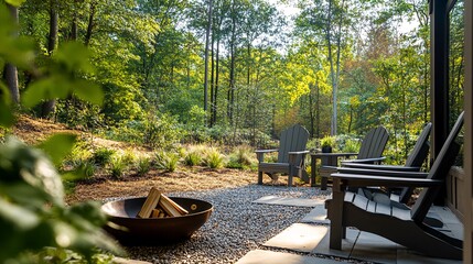 A fire pit sits in the middle of a gravel patio with two chairs facing the woods beyond.