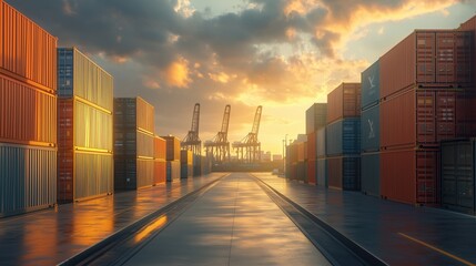 Wall Mural - Sunset Over Shipping Containers at Port