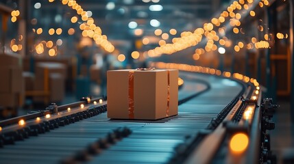 Poster - Box on Conveyor Belt in Industrial Warehouse Setting