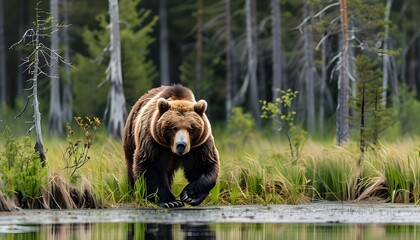 Majestic brown bear emerging from a lush swamp environment