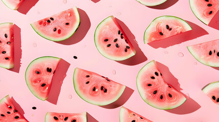 A Flat Lay of Watermelon Slices Arranged on a Pink Background with a Minimalist Style