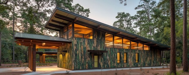 Wall Mural - a wildlife conservation center with camouflage james hardie siding, integrated into a national park 
