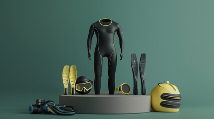 a collection of scuba diving gear including a wetsuit, fins, mask, and helmet displayed on a circula