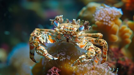 Wall Mural - Close up Vibrant Colorful Crab Underwater in Coral Reef Ecosystem