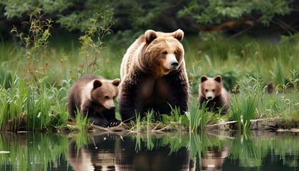 Wall Mural - Eurasian brown bear cubs playfully exploring with their mother by a serene pond in a lush natural setting