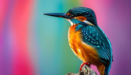 Wall Mural - Vibrant close-up of a Common kingfisher perched amidst a kaleidoscope of colors