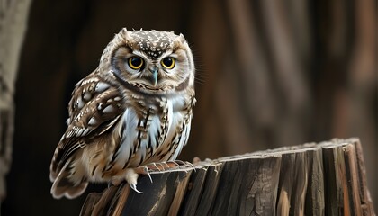 Wall Mural - Intimate portrait of a Little Owl perched gracefully on a rustic log