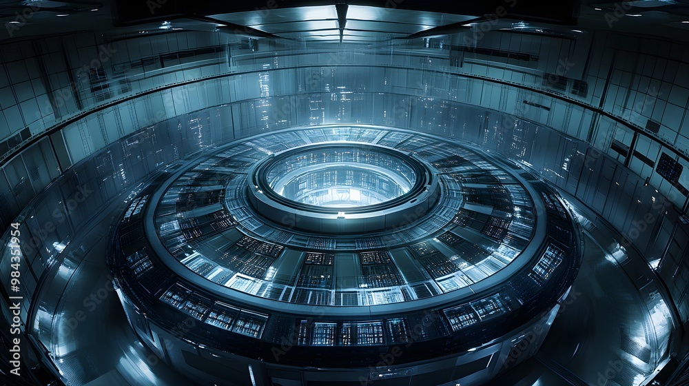 An expansive circular server farm, computers arranged in precise rows ...