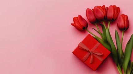 Beautiful composition red tulips with red card and red gift box on the pink background