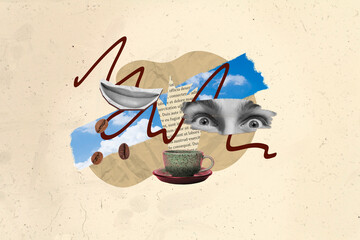 Wall Mural - Creative collage face fragments man eyes crazy freak stare mouth lips mug coffee literature book page clouds sky environment