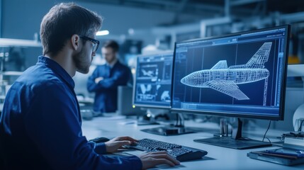 Fototapete - Engineer Working on Aerospace Design with Computer Screen