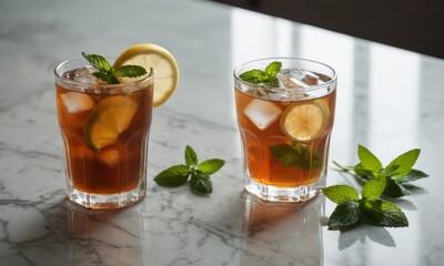 Two Glasses of Iced Lemon Tea with Fresh Mint