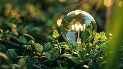 Leinwandbilder - A light bulb is placed among lush green plants as sunlight filters through the trees, creating a peaceful outdoor atmosphere filled with natures beauty.
