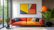 © Village - Colorful multicolored sofas, Minimalist interior design of modern living room with colorful multicolored sofa against concrete wall,Japandi, minimalist interior design of modern living room. Ai