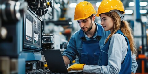 Wall Mural - Workers Collaborating in Industrial Setting with Technology