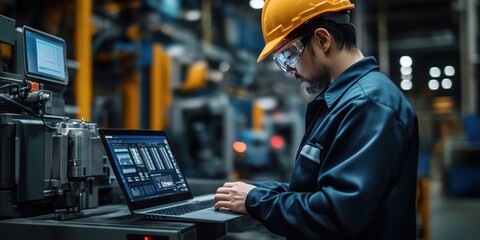 Poster - engineer working on laptop in industrial environment