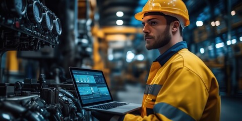 Poster - Engineer Using Laptop in Industrial Workspace