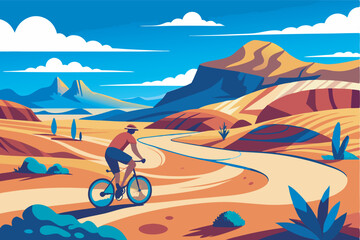 Vintage poster shows man on bicycle in desert heading towards mountain. Scenic road with cacti, mountains, blue sky, and vivid colors evoke warm, vibrant atmosphere.