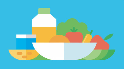 Fresh and stylish flat composition on a sky blue background with milk, fruit, vegetables, cheese and salad.  An attractive display of colourful food products.