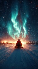 Wall Mural - Santa Claus flying across the night sky in his sleigh pulled by reindeer, the aurora borealis glowing in vibrant colors, casting a magical light on a snow-covered wilderness below, with twinkling star