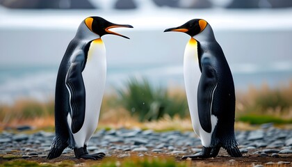 King penguins in a fierce display of territorial aggression amid icy surroundings