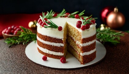 Wall Mural - A beautifully decorated Christmas cake, layered with creamy frosting