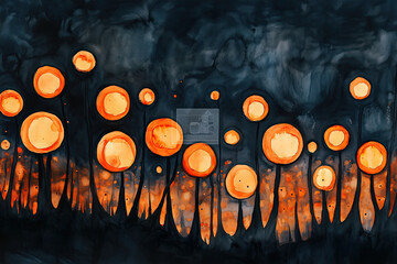 Canvas Print - Abstract landscape with glowing orange circles