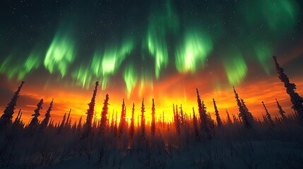 Wall Mural - Santa Claus flying across the night sky in his sleigh pulled by reindeer, the aurora borealis glowing in vibrant colors, casting a magical light on a snow-covered wilderness below, with twinkling star