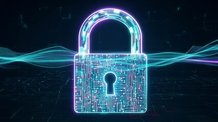 Poster - A futuristic digital lock symbolizing security and encryption stands against a backdrop of glowing wave patterns, highlighting data protection and technology.