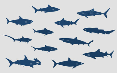 Collection of Blue flat shark icons. Dangerous sharks. Vector on a gray background