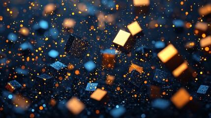 Wall Mural - A series of floating, glowing cubes gradually disintegrating into particles of light, symbolizing the breaking down of structure and order, in vivid shades of blue and gold