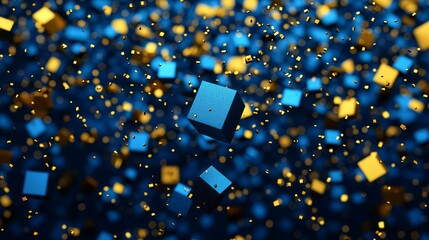 Wall Mural - A series of floating, glowing cubes gradually disintegrating into particles of light, symbolizing the breaking down of structure and order, in vivid shades of blue and gold
