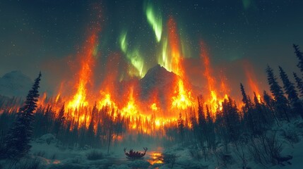 Wall Mural - Santa Claus flying across the night sky in his sleigh pulled by reindeer, the aurora borealis glowing in vibrant colors, casting a magical light on a snow-covered wilderness below, with twinkling star